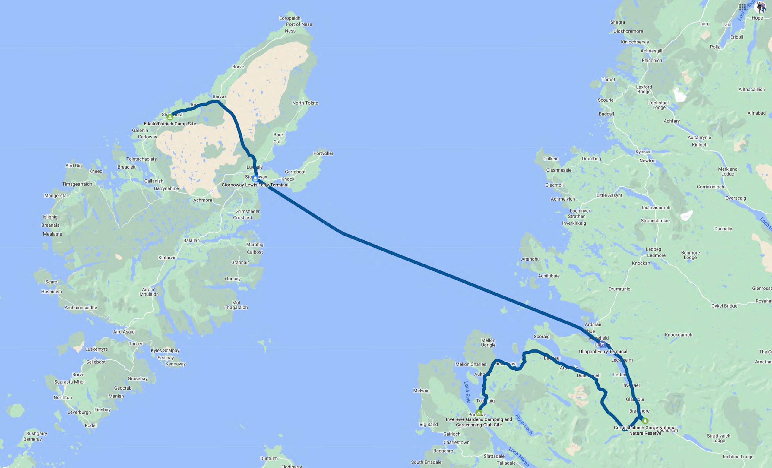 Route from Stornoway to Ullapool and then Poolewe